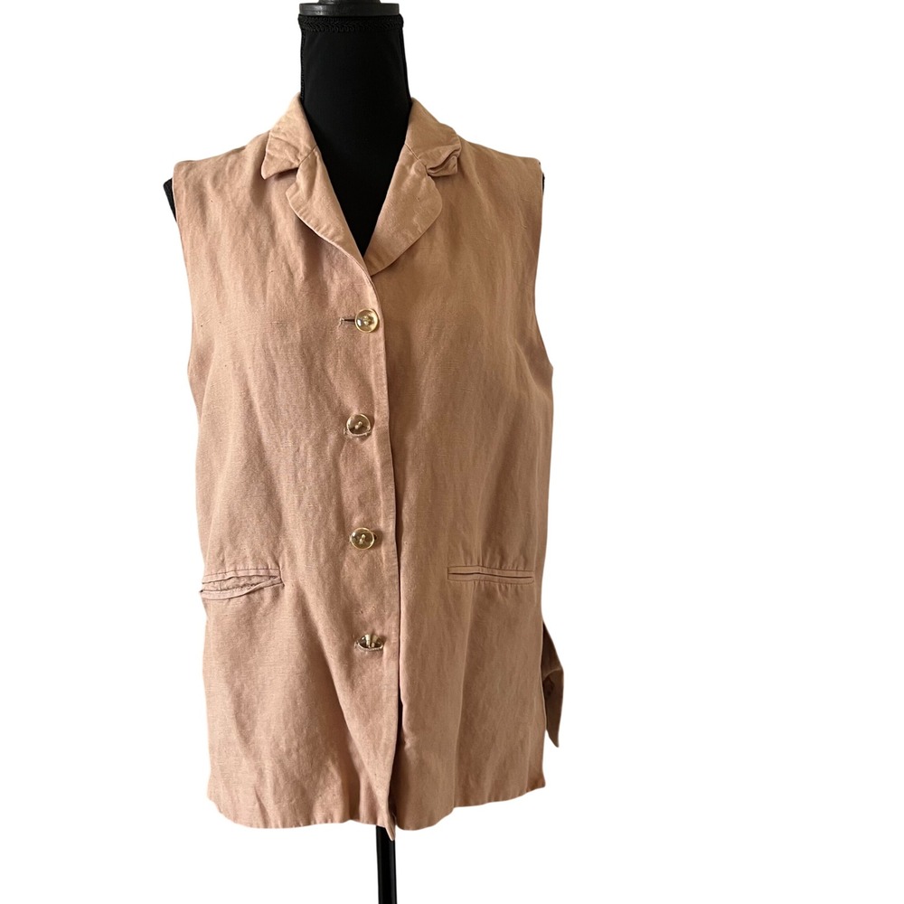 Harve Benard Womens Tan Sleeveless Button Up Vest Jacket Lapel Lined Aprox XL